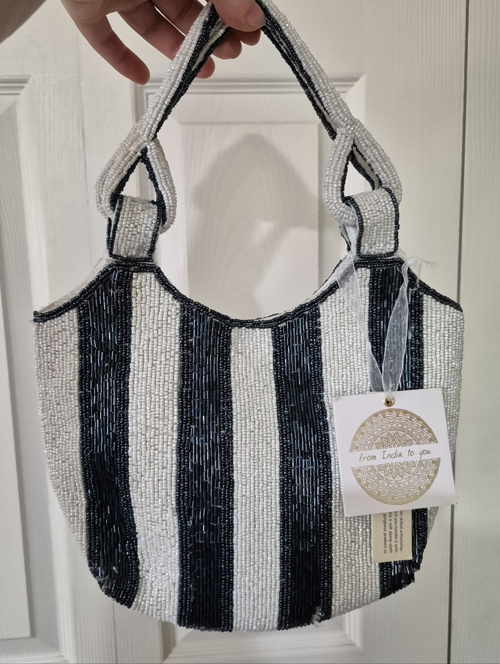 NWTs Beaded blue and white striped handbag handmade in india, viral tiktok bag